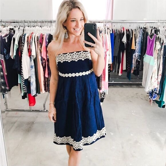 Lilly Pulitzer Betsey Navy and Gold Jacquard Strapless Dress Size 2 - Picture 13 of 16